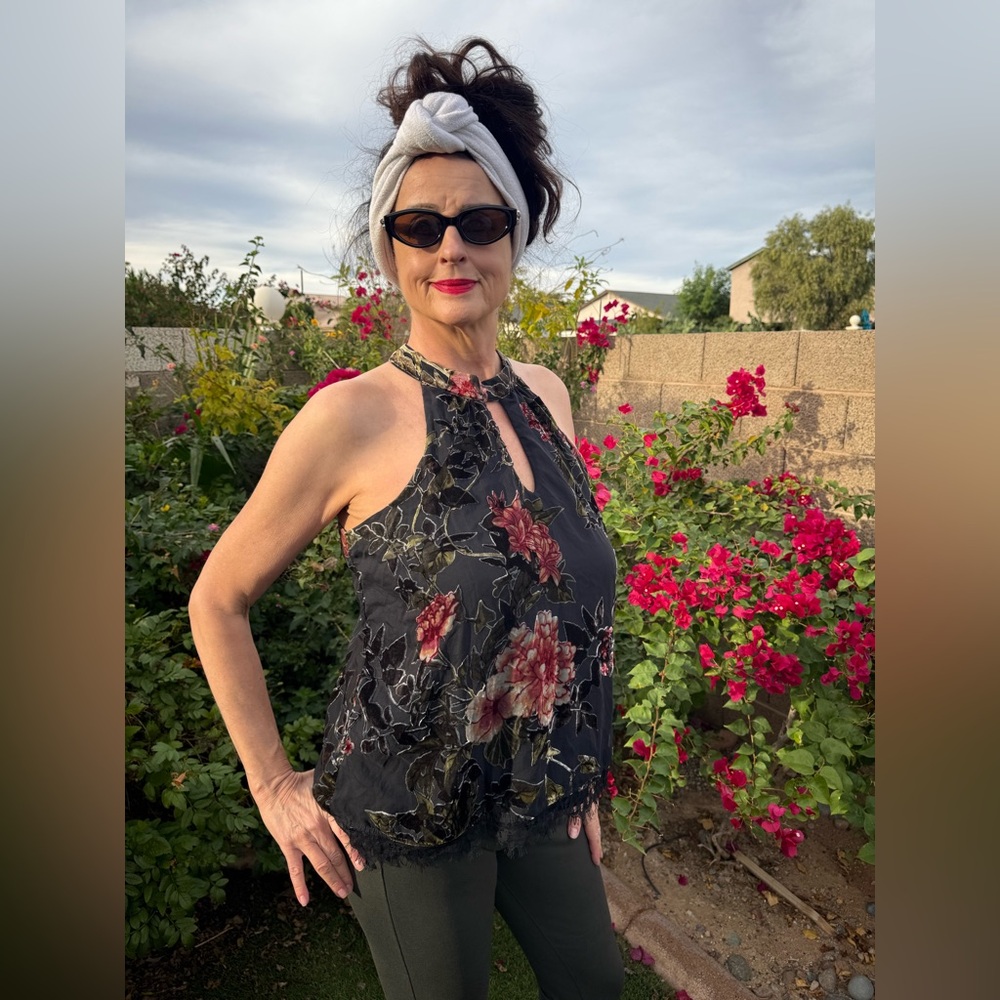 Jolt Black and Red Floral Halter Top